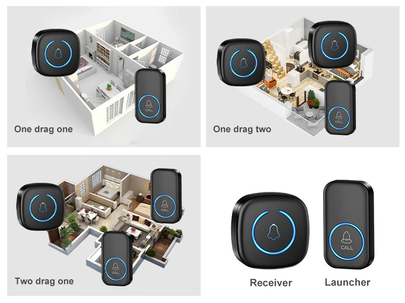 Wireless Doorbell Intelligent Welcome Door Bell 300M/984 FT Remote 60 Songs Melodies Home Smart Doorbell US EU UK Plug Optional Lumière