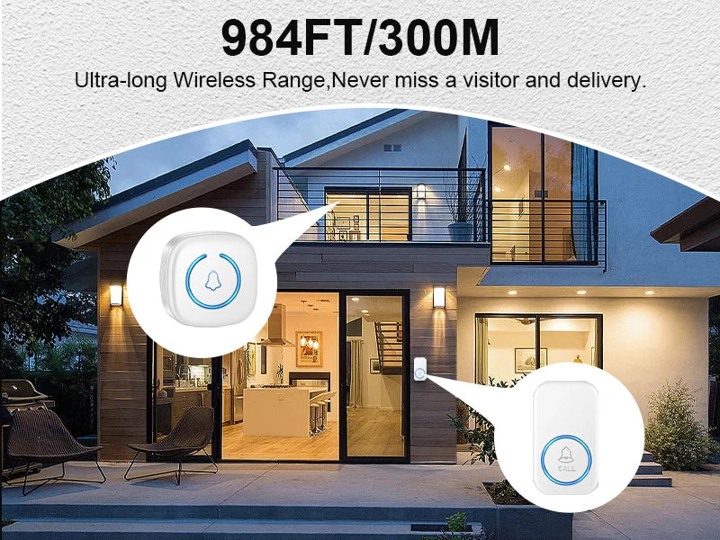 Wireless Doorbell Intelligent Welcome Door Bell 300M/984 FT Remote 60 Songs Melodies Home Smart Doorbell US EU UK Plug Optional Lumière