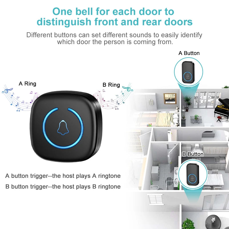 Wireless Doorbell Intelligent Welcome Door Bell 300M/984 FT Remote 60 Songs Melodies Home Smart Doorbell US EU UK Plug Optional Lumière