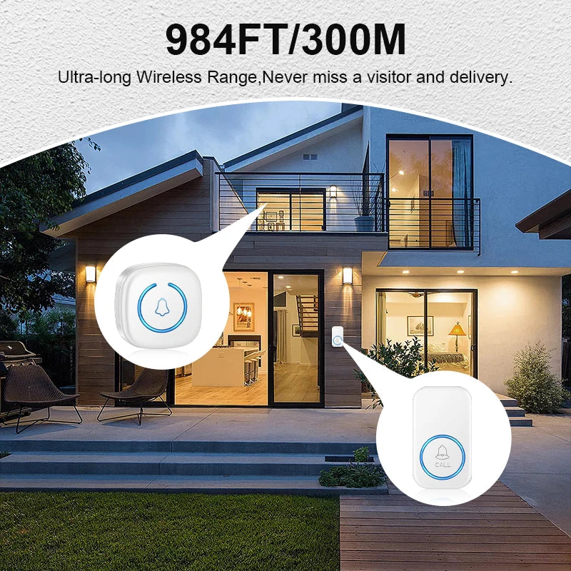Wireless Doorbell Intelligent Welcome Door Bell 300M/984 FT Remote 60 Songs Melodies Home Smart Doorbell US EU UK Plug Optional Lumière