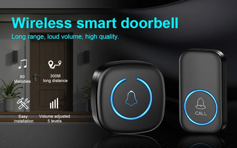 Wireless Doorbell Intelligent Welcome Door Bell 300M/984 FT Remote 60 Songs Melodies Home Smart Doorbell US EU UK Plug Optional Lumière