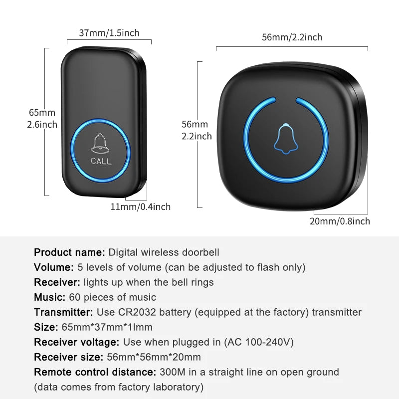 Wireless Doorbell Intelligent Welcome Door Bell 300M/984 FT Remote 60 Songs Melodies Home Smart Doorbell US EU UK Plug Optional Lumière