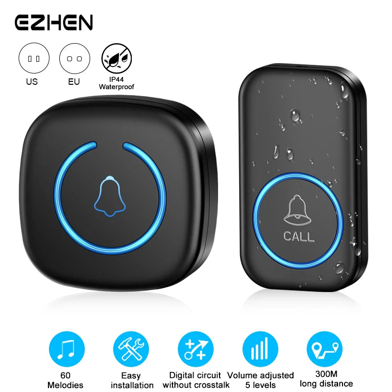 Wireless Doorbell Intelligent Welcome Door Bell 300M/984 FT Remote 60 Songs Melodies Home Smart Doorbell US EU UK Plug Optional Lumière